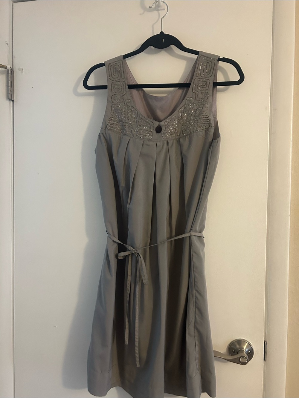 DKNY Grey Sleeveless Midi Dress with Beaded Yoke